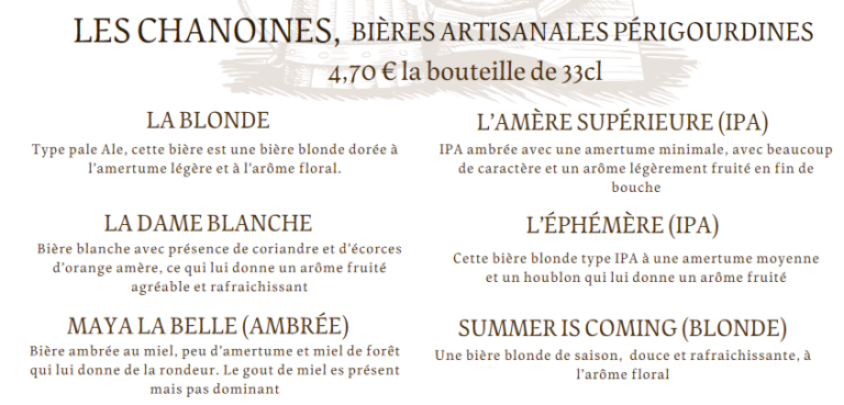 notre sélection de bières artisanales du chanoine à Hautefort pour cette saison